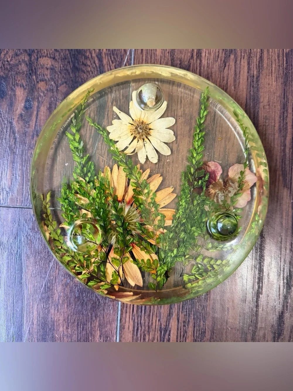 Vintage 60s 70s Footed Lucite Resin Flower Floral Trivet Paperweight Boho Earthy